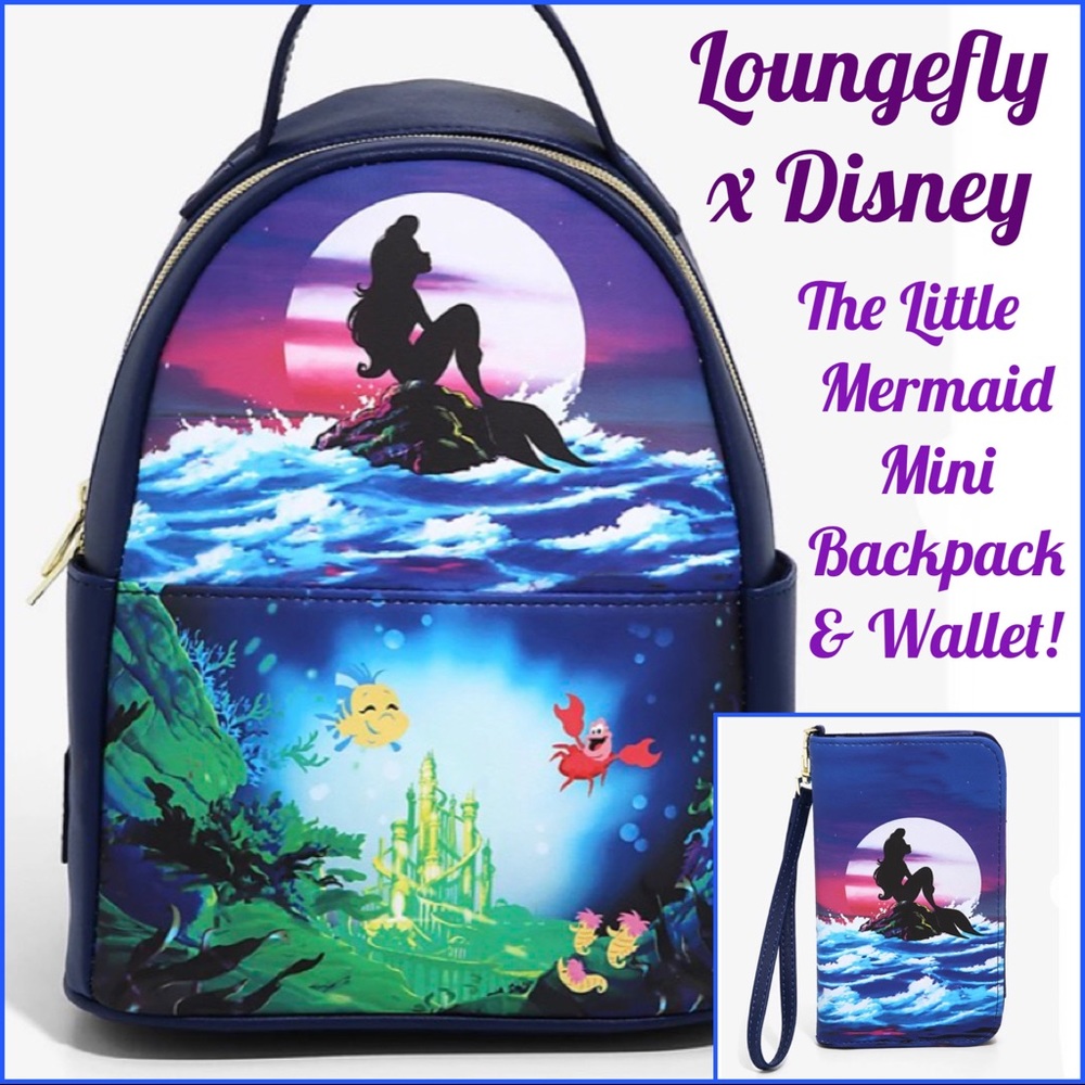 LOUNGEFLY DISNEY THE LITTLE MERMAID Ariel Silhouette MINI BACKPACK & TECH WALLET